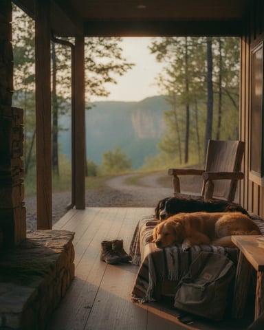 Dog resting on bed inside cabin with open porch overlooking forested mountains and lake