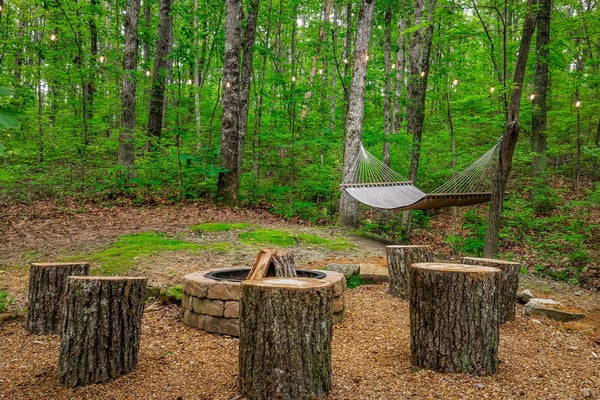Forest campsite with stone fire pit, log seating, and hammock strung between trees