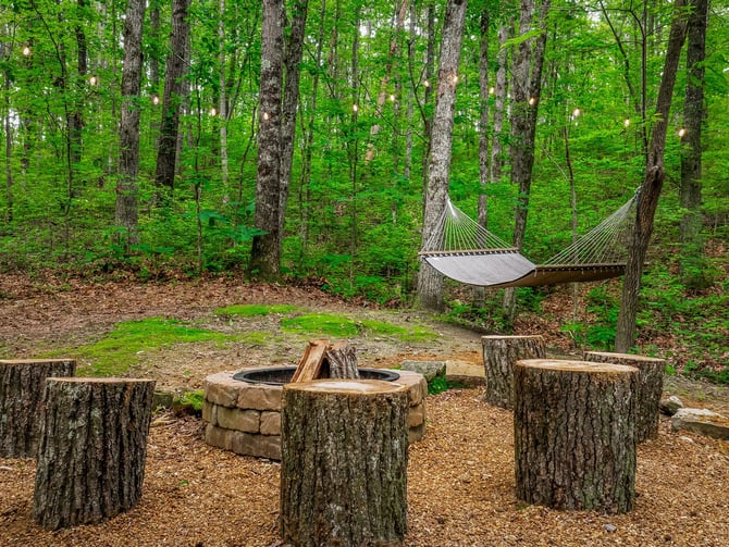 Forest campsite with fire pit, log seating, and hammock strung between trees